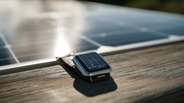 Smartwatch Charging on Solar Panel - Sustainable Tech Concept.