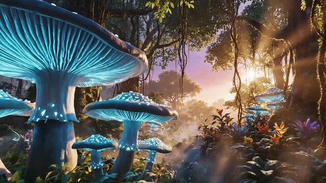 Enchanting forest scene with bioluminescent mushrooms illuminating the dense foliage, creating a magical and otherworldly ambiance during twilight
