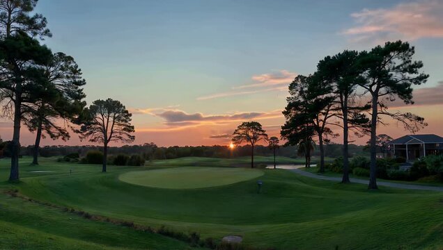 Wide angle 4K slow motion footage of golf course during sunset capturing rolling greens natural lens flares serene landscape sports leisure luxury lifestyle stock 