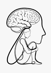 Obraz premium A single continuous line drawing. A person curled up inside. Brain profile. Mental health.