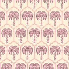 Obraz premium Damask hand drawn palm tree seamless pattern. Tropical boho print, Hawaiian ethnic print, summer beach textile design, fabric, wallpaper, repeat background. Vector illustration in Arabic style.