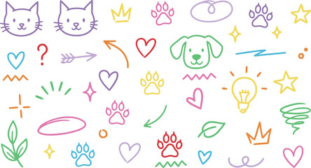 Fototapeta premium Hand drawn doodle of colorful dog and cat icons, illustration collection with playful symbols, creative elements for design projects