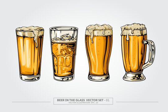 Four Different Glasses of Beer vintage vector illustration style isolated on white background. Detail Hand drawn illustration with ink black line.