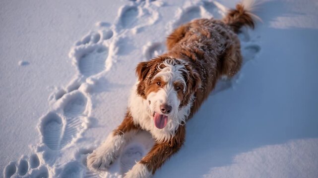 Playful bernedoodle puppy running joyfully through snowy field