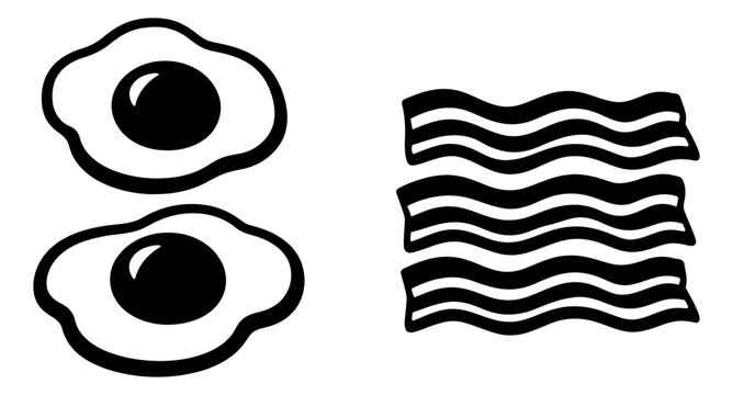 Hand drawn line art breakfast food set featuring fried eggs and bacon strips for a morning meal or restaurant menu