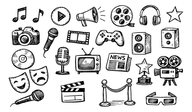 Hand drawn line art entertainment and communication set featuring film, music, theatre, gaming, and news symbols for design projects