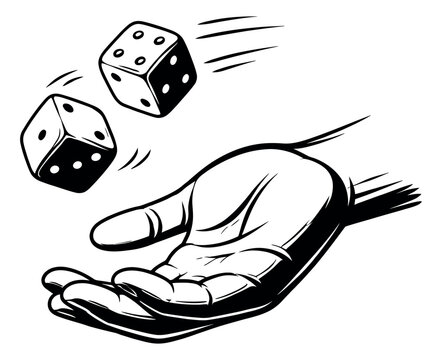 Line art illustration of a hand throwing dice depicting a game of chance for gambling and entertainment