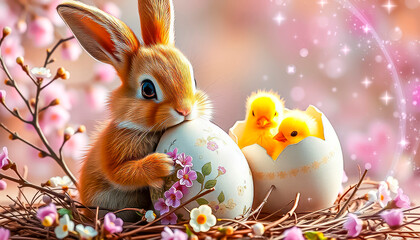 Naklejka premium Easter bunny and Easter chicks in eggshells
