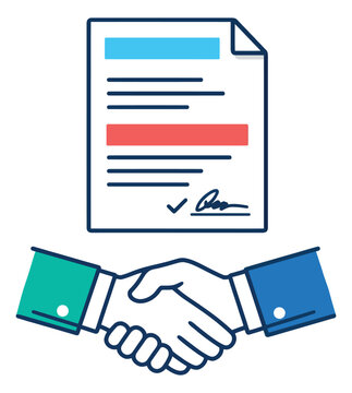 Line art business agreement set featuring a signed contract and a handshake for partnership deals