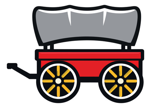 Cartoon line art illustration of a covered wagon depicting a historical western transport for historical travel concepts