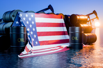 American oil. Black barrels of oil or fuel with the US flag. Barrel of oil depicting the United States of America. Oil production in the United States. The price of oil produced in America. 3D render.