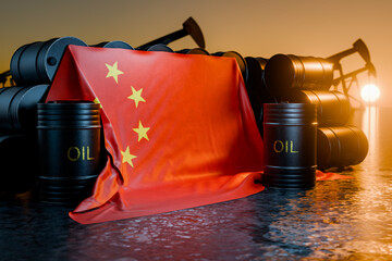 Black barrels of crude oil or fuel with the Chinese flag. Sanctioned oil. A barrel of oil depicting the Chinese flag. Oil production in China. The price of oil produced in China. 3D render.