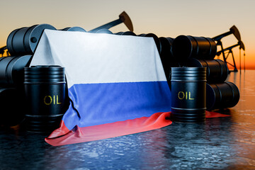 Black barrels of oil or fuel with the Russian flag. Sanctioned oil. A barrel of oil with the Russian flag depicted on it. Oil production in Russia. The price of oil produced in Russia. 3D render.