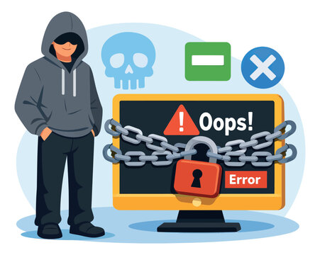 Modern flat design illustration of a hacker depicting a cyber security error for internet protection