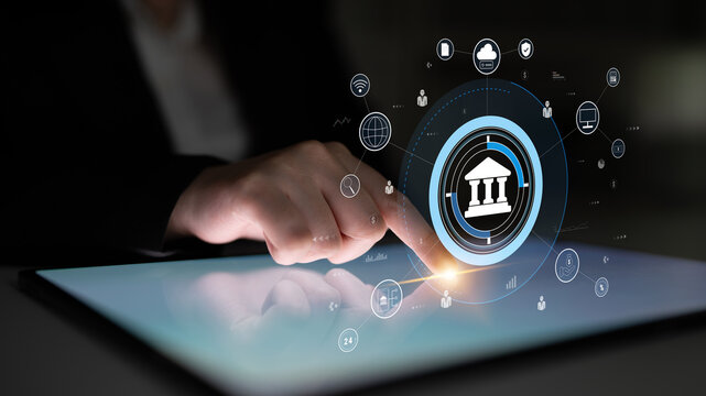 A global FinTech and digital banking network technology concept. A central financial system connected to the worldwide digital economy and services. Motif