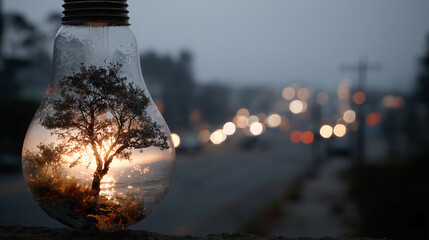 Tree Inside Light Bulb with City Bokeh, Green Energy and Innovation Concept