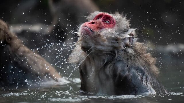 Japanese snow monkey with a red face shaking its head and splashing water around. A wild primate bathing in a natural onsen. Slow motion