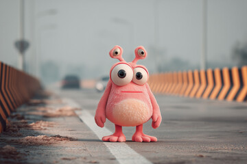 Cute pink cartoon monster standing on the road. Funny cartoon character