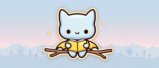 Cute Knitted Cat Reading Book Sticker Icon, Pastel Cartoon Illustration
