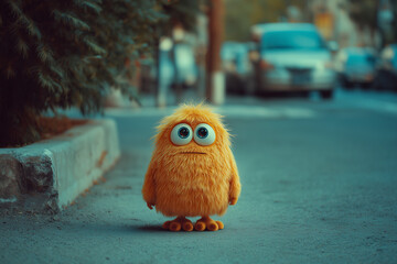 Cute fluffy creature standing on a city sidewalk. Funny yellow cartoon character