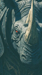 Armored Rhinoceros Warrior Close-Up with Glowing Red Eye, Dark Fantasy