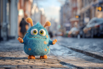 Cute blue cartoon monster in the street
