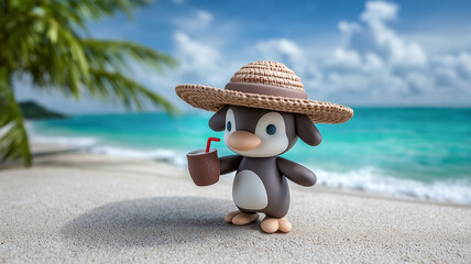 Cute Penguin on Tropical Beach with Coconut Drink, Summer Vacation Render