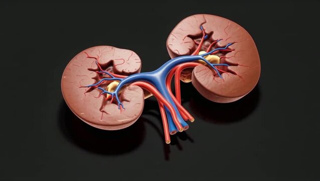 Kidney Illustration: A detailed anatomical illustration showcases a pair of kidneys with their intricate network of blood vessels and structures, offering a glimpse into human biology.