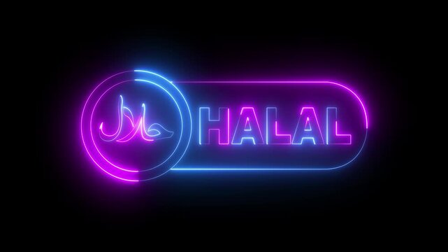 glowing neon halal food label icon isolated on black background. Halal certified badge, and Halal food certified. 4k video animation.