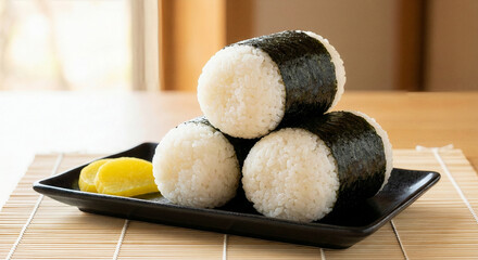 日本の食卓に並ぶ、温かい手作りの俵むすびと漬物