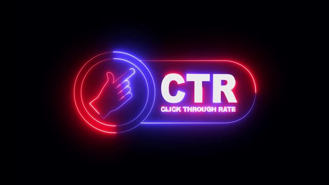 glowing neon CTR click-through rate banner icon animation on black background, business terminology concept. Business concept CTR click through rate info graphic. 4k video animation.