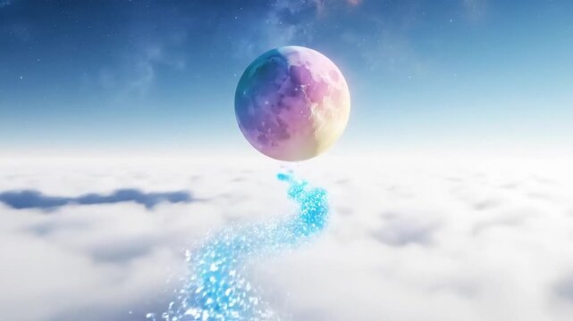 A fantastical, ethereal representation of a celestial body, perhaps a planet or moon, adorned with a pastel spectrum of colors