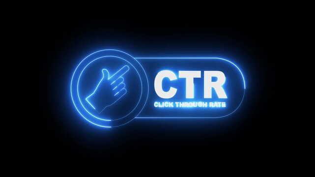 glowing neon CTR click-through rate banner icon animation on black background, business terminology concept. Business concept CTR click through rate info graphic. 4k video animation.