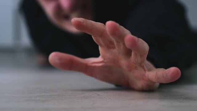 A man stretches his arm while lying on the floor.
The man falls to the floor and injures himself.
The man calls for help.