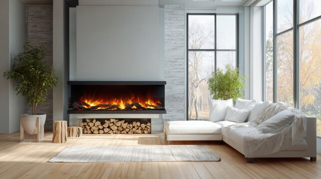 Electric fireplace with a warm flame effect in the white wall. Stove heater with burning crackling wood in modern living room. Contemporary stylish luxury interior design