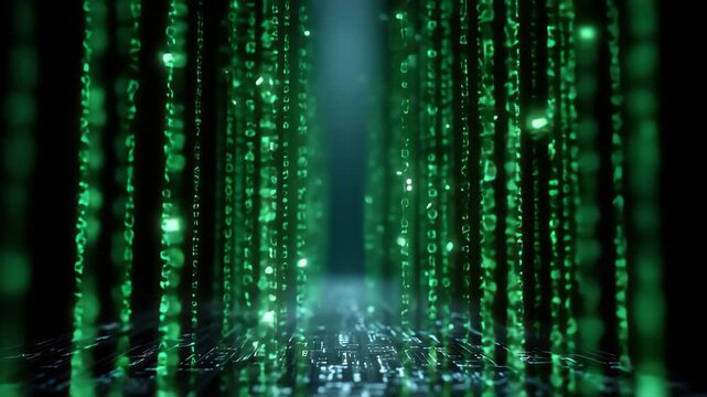 Exploring the depths of cyberspace with cascading green binary data streams illuminating an abstract digital landscape