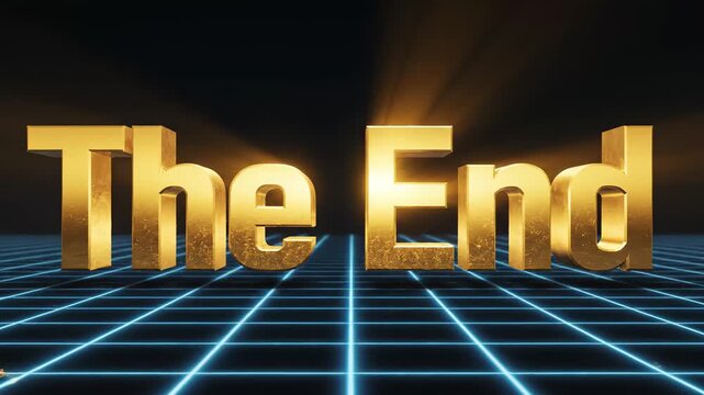 Golden text "The End" appears on a glowing grid background, followed by an explosion of cubes, concluding with the text reappearing in a radiant glow, showcasing dynamic visual effects