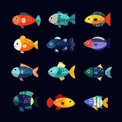 Several aquarium fish with simple rounded shapes in a flat design. The layout features a variety of fish in bright colors.