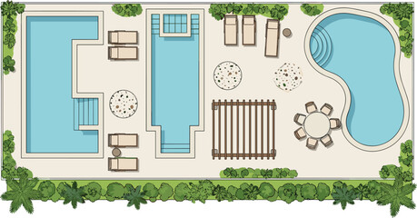 Fototapeta premium Modern Backyard Landscape Architecture Plan Top View with Swimming Pools Patio Furniture Pergola and Tropical Garden Design Illustration for Residential Real Estate and Outdoor Living Projects