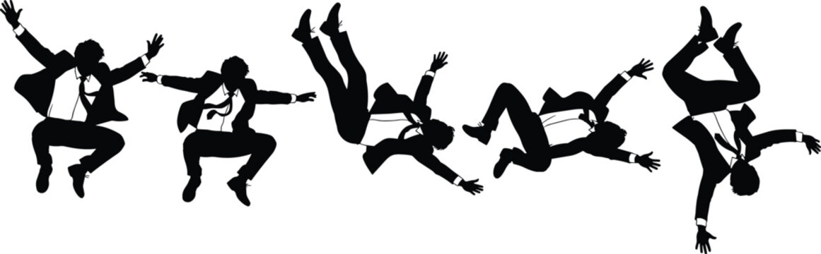 Set of Businessman Silhouette Characters Falling and Jumping in Suits for Financial Crisis Failure Bankruptcy Stock Market Crash and Business Risk Management Concept Illustration