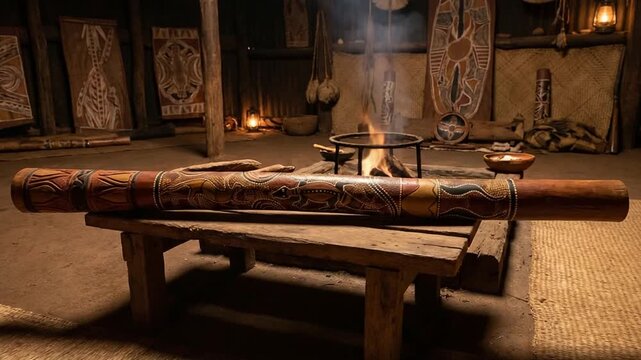 long wooden didgeridoo placed horizontally inside aboriginal cultural interior video