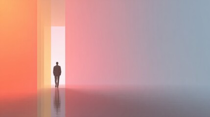 Obraz premium A figure stands looking into a light gradient in a modern abstract space. The scene reflects the theme of business strategy and planning.