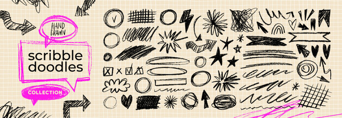 Obraz na płótnie Canvas Crayon scribble doodle underlines, ovals and hand drawn scrapbook elements. Hand drawn arrows and cross hatch texture. Childish scribble drawing elements. Charcoal highlights and underlines.