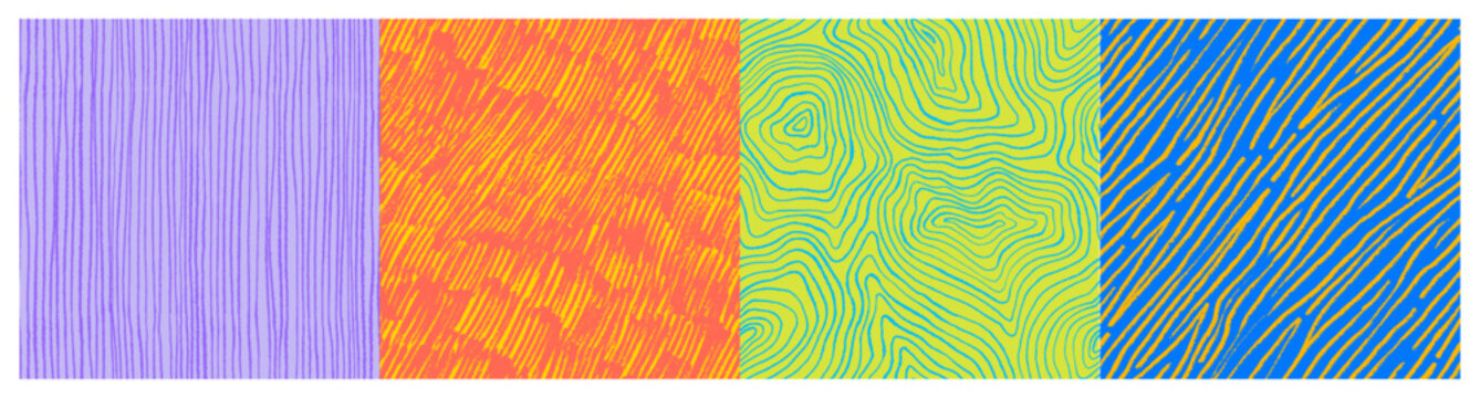 Funky colorful doodle crayon seamless pattern set. Hand drawn wood texture, zebra pencil lines, vertical thin stripes, cross hatch texture. Trendy funky doodle seamless pattern. Childish sketch drawin