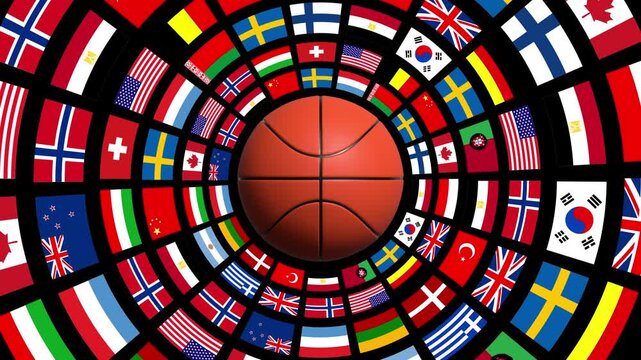 3D animation of Basketball ball with a ring of flags around