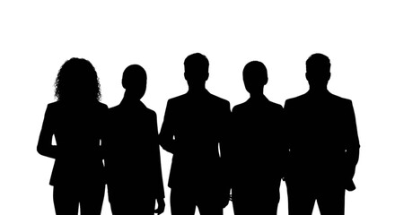 Silhouettes of five people standing together isolated on transparent background