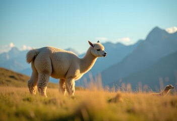 Obraz premium Fluffy Alpaca Grazing Meadow with Majestic Mountains in Background Tranquil Setting