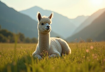 Obraz premium Fluffy Alpaca Grazing in Verdant Meadow Surrounded by Majestic Mountains