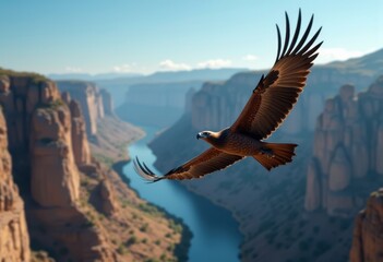Fototapeta premium Majestic Condor Soaring Over Rugged Mountain Canyon Against Clear Blue Sky
