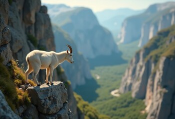 Mountain Goat Wonderfully Balancing on Narrow Ledge High Over Vibrant Valley